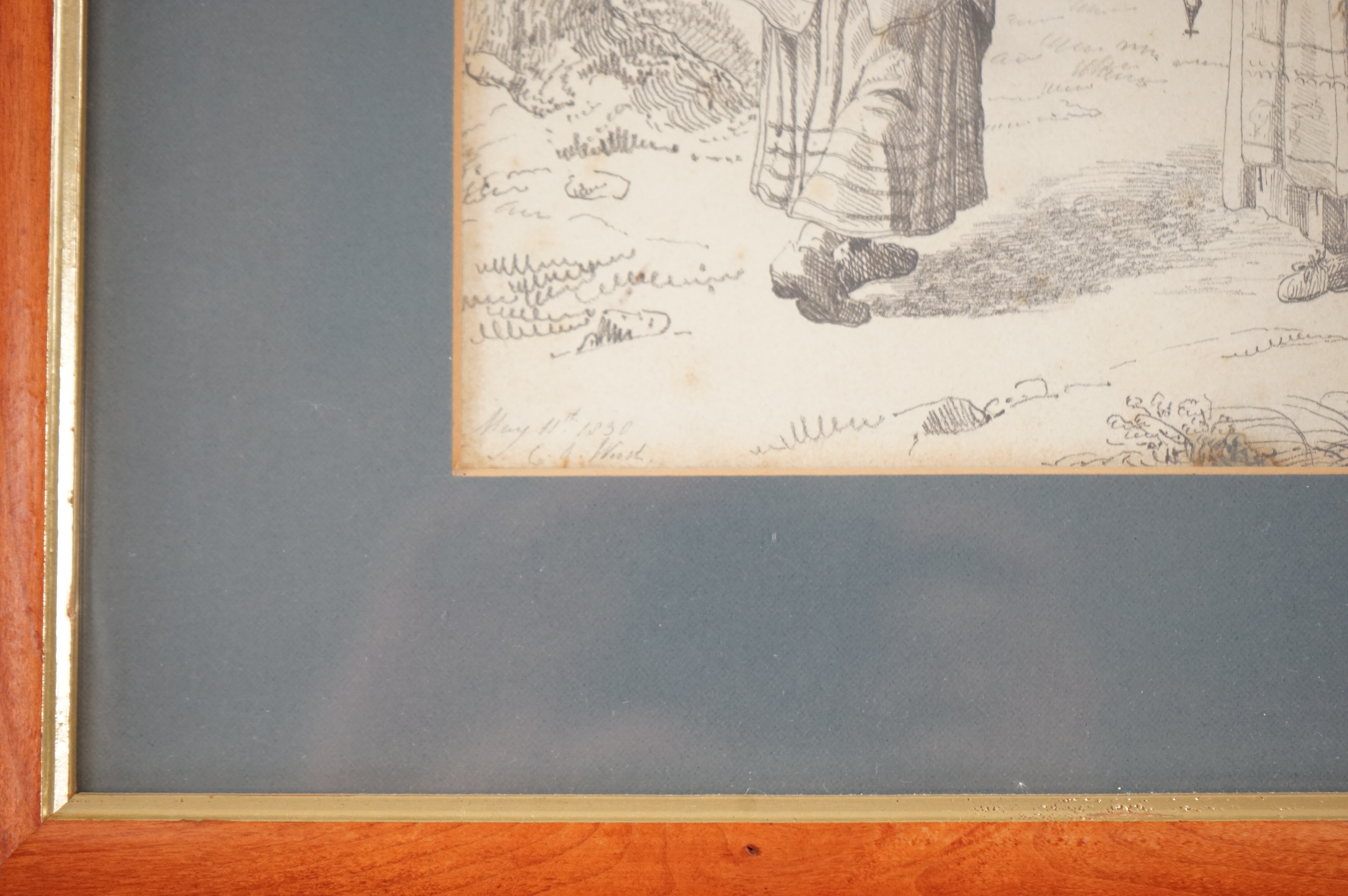 19th century, English School, pencil sketch, Shepherdesses and sheep, inscribed May 11th 1830, indistinctly signed, 16 x 23cm